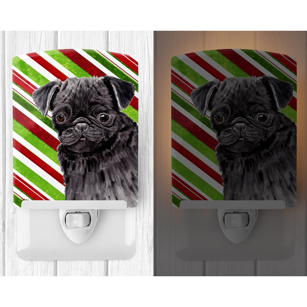 Caroline's Treasures SC9326CNL Pug Candy Cane Holiday Christmas Ceramic Night Light, 6x4x3", multicolor