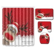 4 Pieces Shower Curtain Set,Christmas Waterproof Print Non-Slip Rug+ Toilet Lid Cover+ Bath Mat