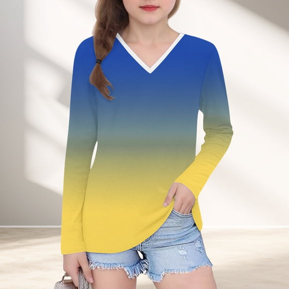 Piuwrlz Girls Long Sleeve T-Shirt Kids Cotton Shirts Printed V-neck V-neck T Shirt Tops Blue Size 3 Years