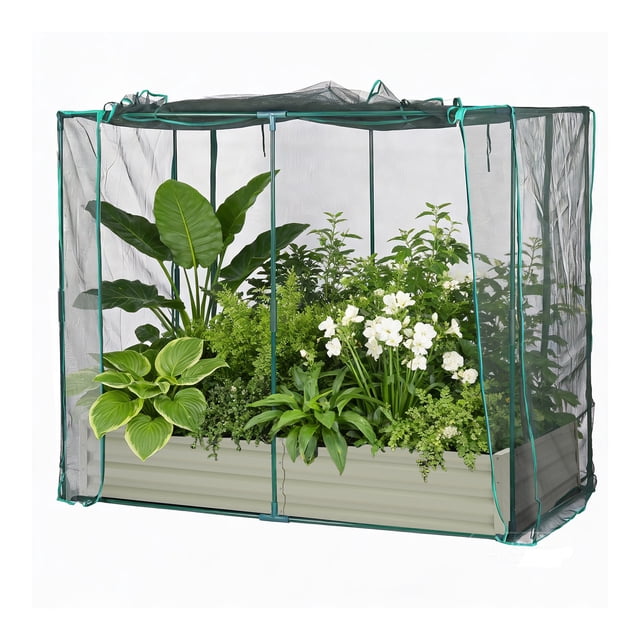 Galvanized Metal Raised Garden Bed Kit with Shade Canopy & Plant Protection Net – Outdoor Planter Box with Zippered Door – For Vegetables, Flowers – Easy Assembly – Beige – 8x4x1ft