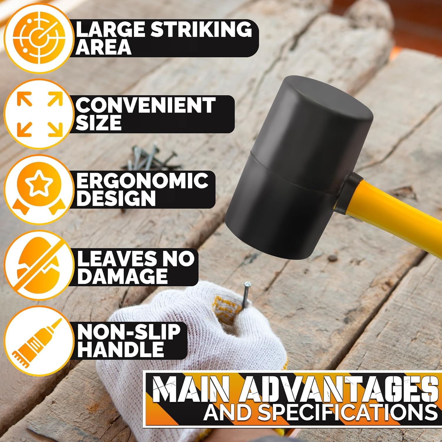 RGHJAR-16 Oz Rubber Mallet Hammer - Rubber Hammer Mallet with Durable and Ergonomic Handle, Anti-Vibrating Design For Efficient Work - Good for DIY, Woodworking, Flooring, Camping and More