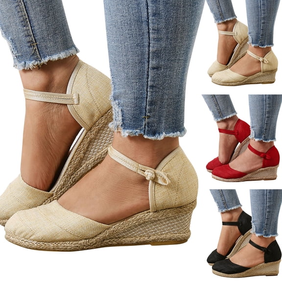 Modstep Closed Toe Espadrilles Wedge Sandals for Women Casual Chunky Wedges Walking Shoes Ankle Strap Outdoor Dressy Slides Beige size 6.5