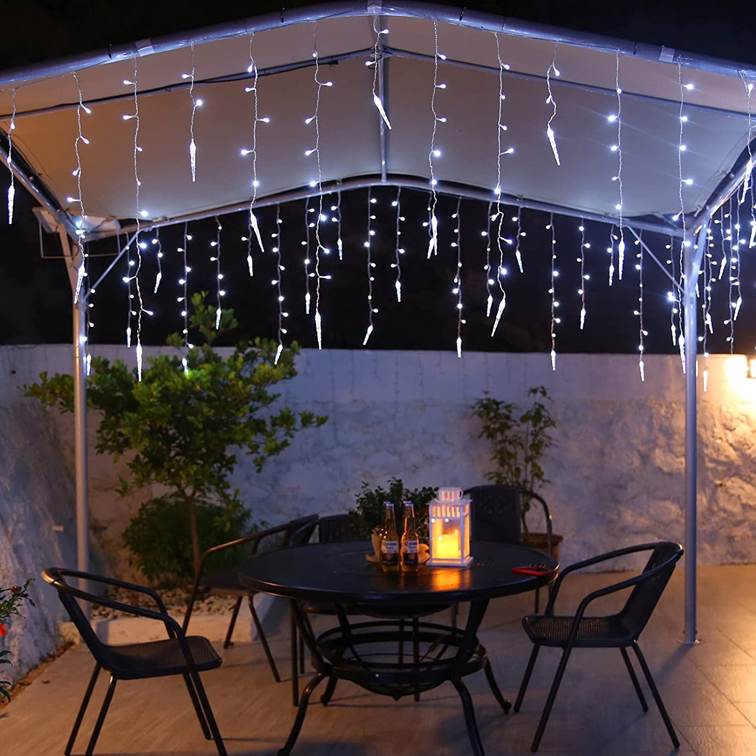 DONGPAI Christmas Icicle Lights, 11.5Ft 96 LED 8 Modes Icicle String Lights with 16 Drops Window Curtain Fairy Lights Outdoor Indoor for Christmas Wedding Holiday Decor