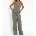 thumbnail image 3 of Moda Casual chaleco liso pantalones traje para mujer nuevo verano cuello pico botón Top bolsillo cintura elástica pantalones trajes traje de dos piezas, 3 of 5