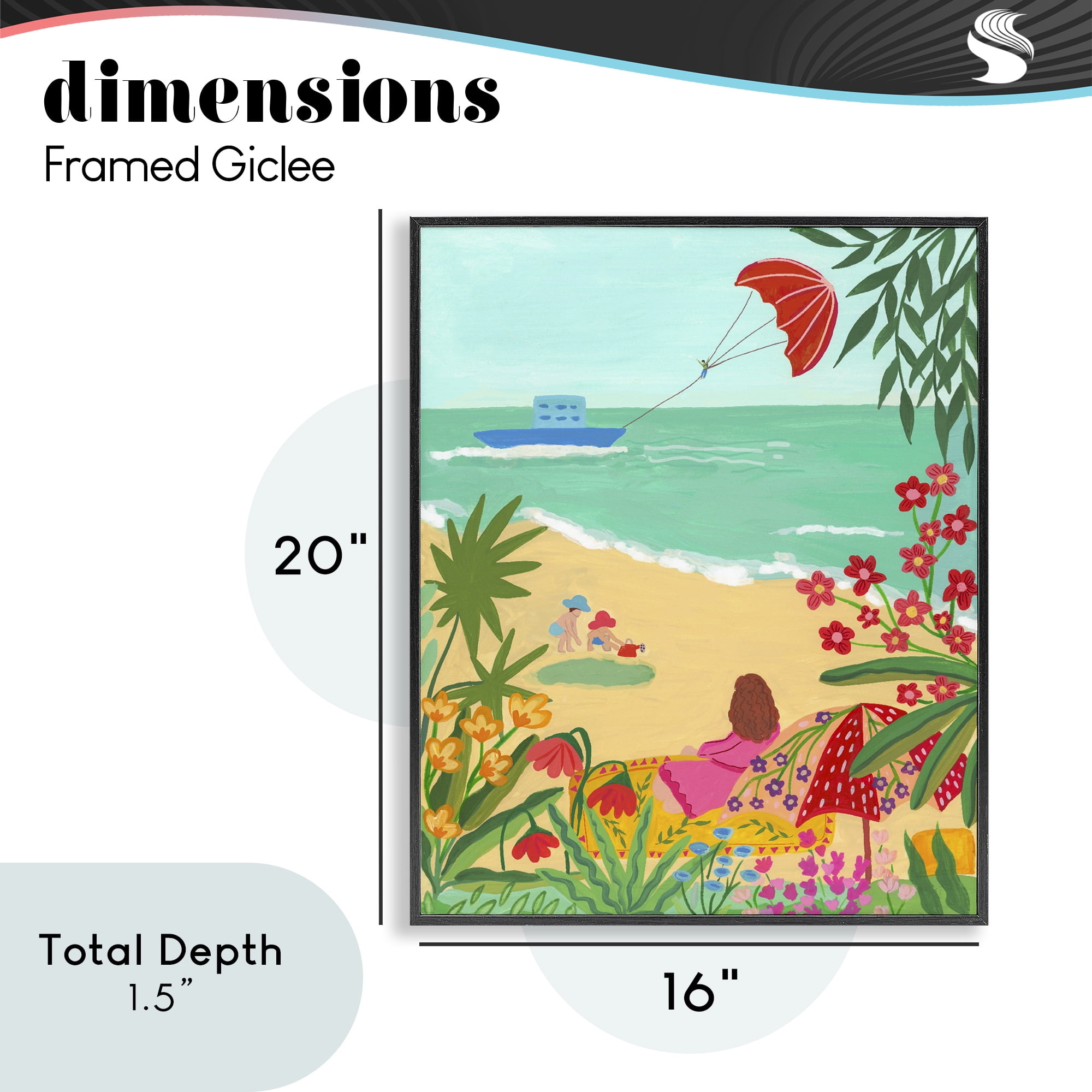 Beach And Flowers View Black Framed Giclee Art, design by Nabeela Rumi