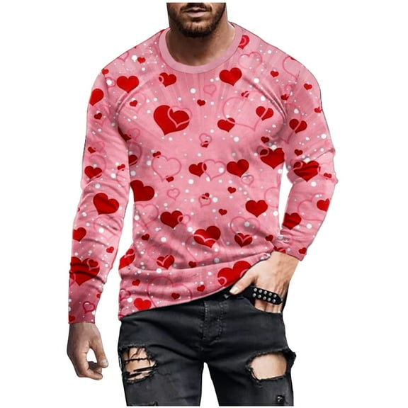 fartey Men Plus Size Valentine's Day Shirt Funny 2024 Love Heart Printed Long Sleeve Blouse Lightweight Soft Crewneck Dressy Workout Tops for Gifts, S-5XL