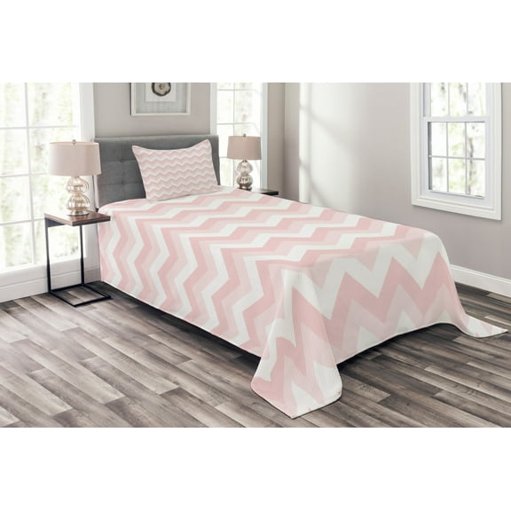Ambesonne Pink Quilted Bedspread Set 2 Pcs, Zigzag Chevron Grunge, Twin Size, Rose Pale Pink White