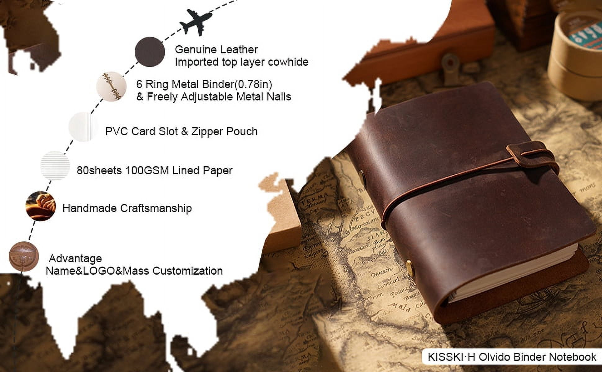 KISSKI·H Olvido Leather A5 Travelers Notebook with Wrap Strap, 6 Ring Binder Journal Writing with Lined, Refillable Diary Planner Organizer for Women, for Business Gift/Personal Diary, Dark Brown