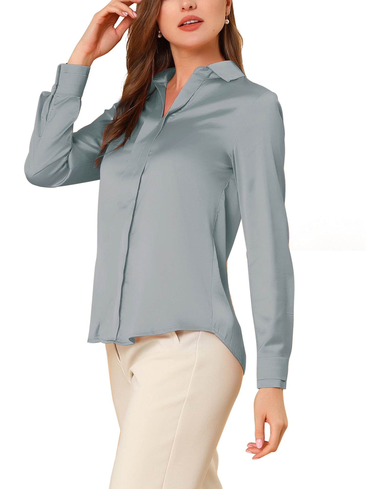 DARING DIVA Women's Silk V Neck Satin Long Sleeve Dressy Business Shirt XS Dusty Blue