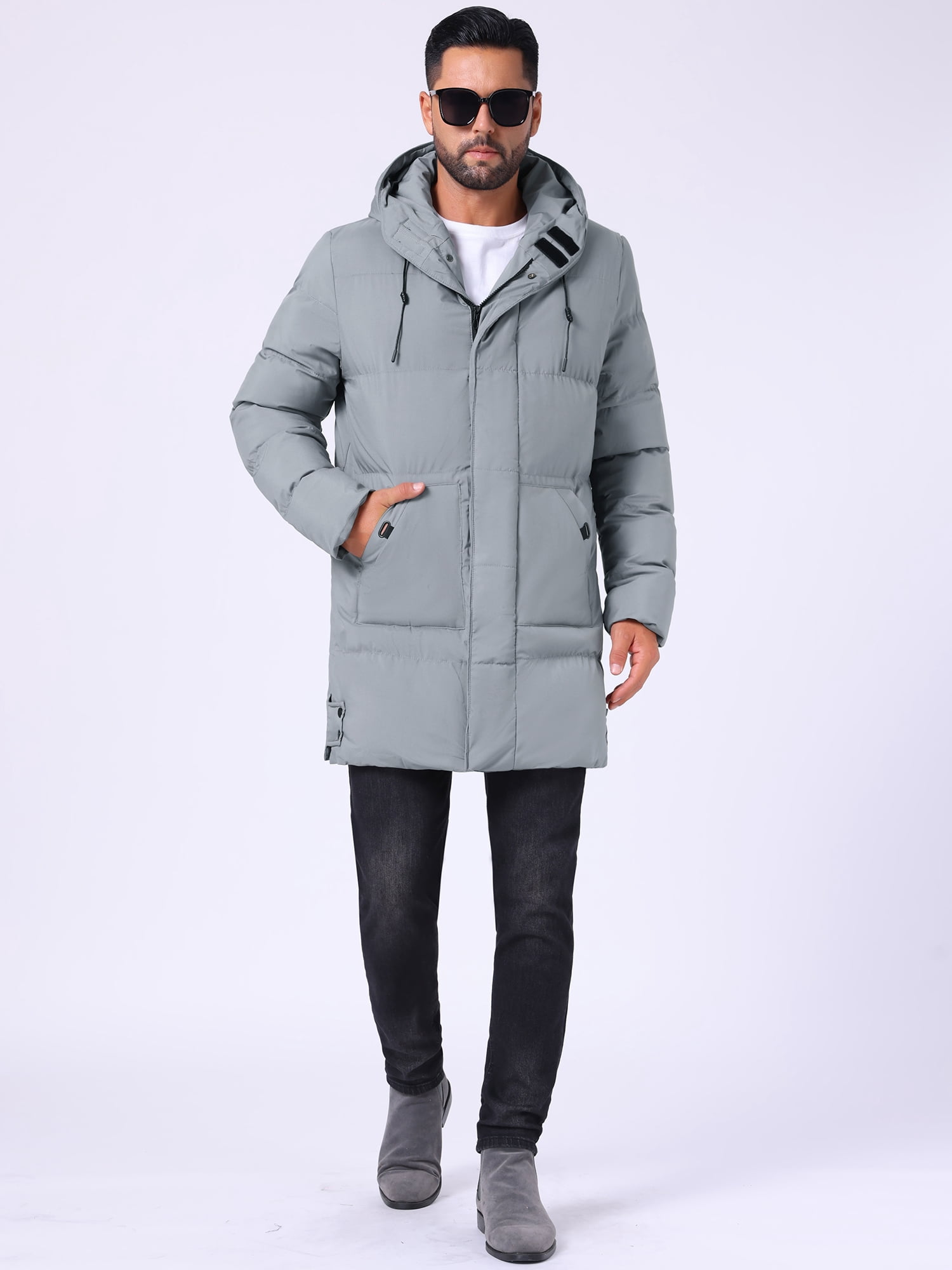 DARING DIVA Men's Mid-Length Outerwear Zipper Quilted Hooded Padded Coat M Gray