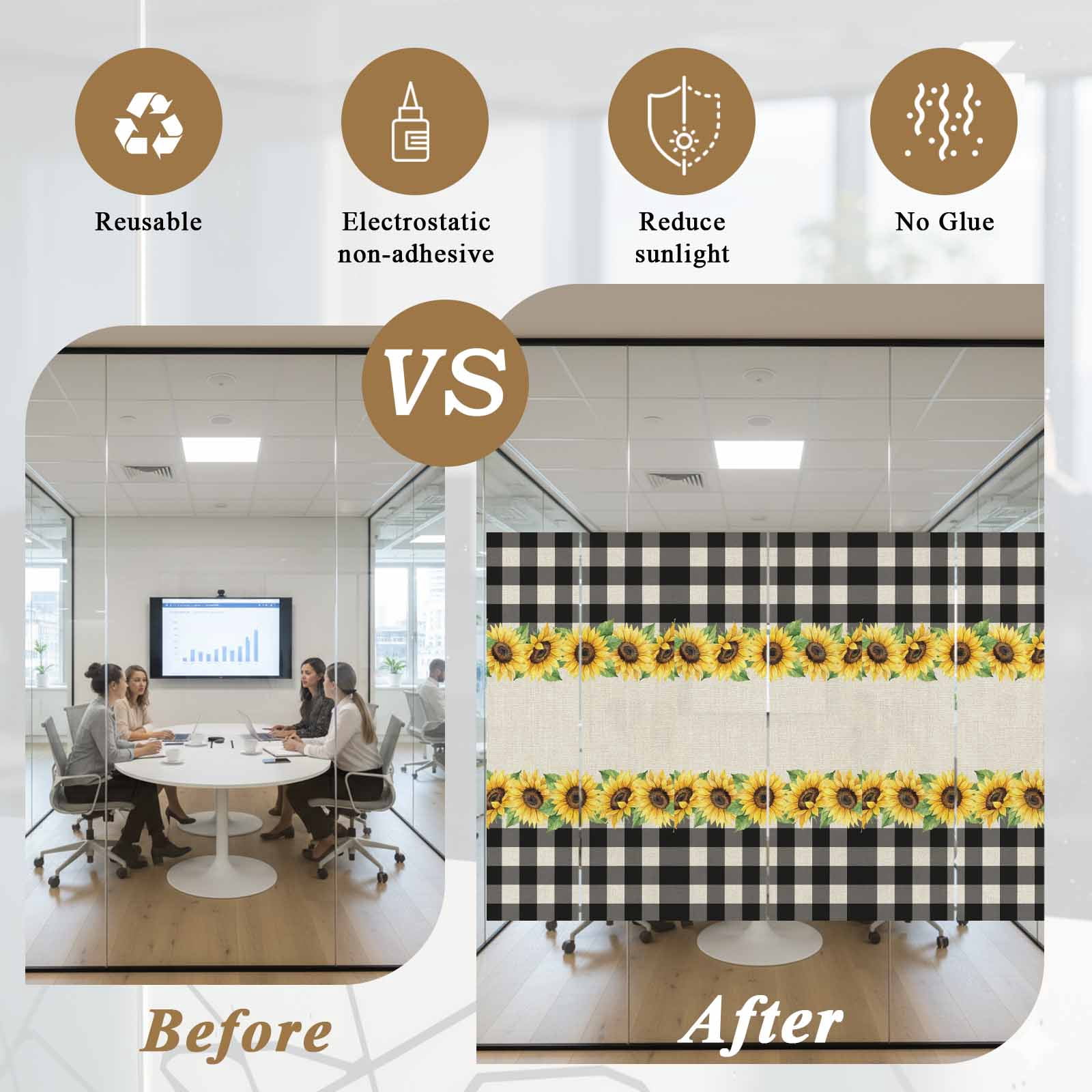 Sunflowers Window Privacy Film, Retro Country Floral Linen Texture Black Plaid Frosted Glass Window Clings Static Cling UV Heat Blocking Reusable Door Sticker for Bathroom 23.6 x 59 Inch