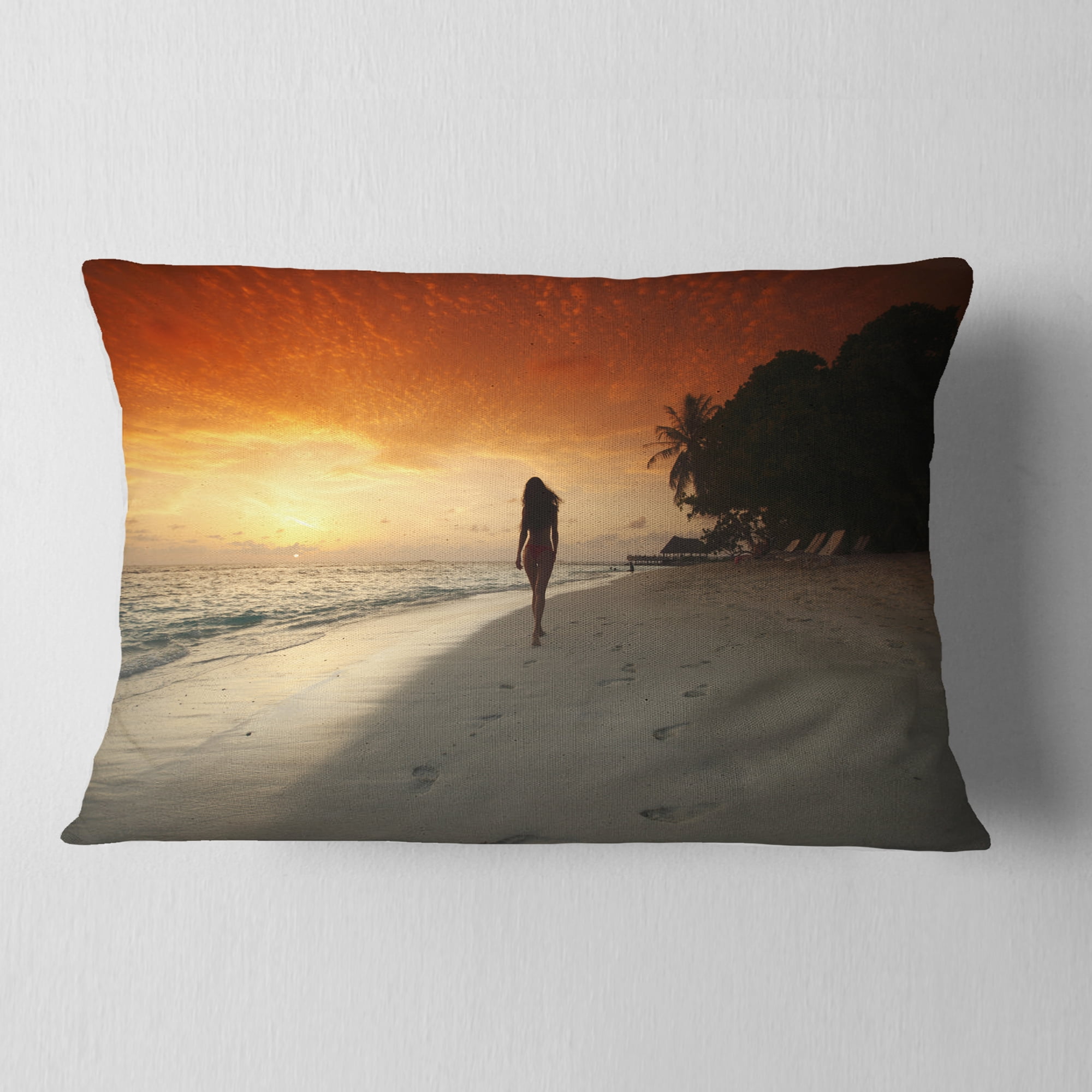 Designart Woman Walking on Beach - Seashore Photo Throw Pillow - 12x20
