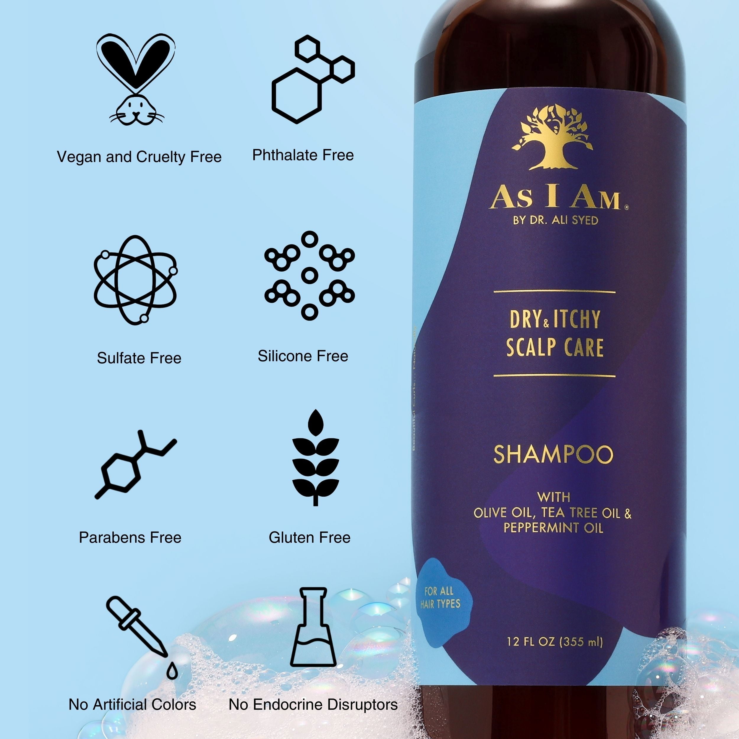 (6 pack) As I Am Dry & Itchy Scalp Care Anti Dandruff Shampoo for Dry Scalp Flakes and Itch Moisturizing Cleanse 12 fl.oz/ With Olive Oil, Tea Tree Oil & Peppermint Oil