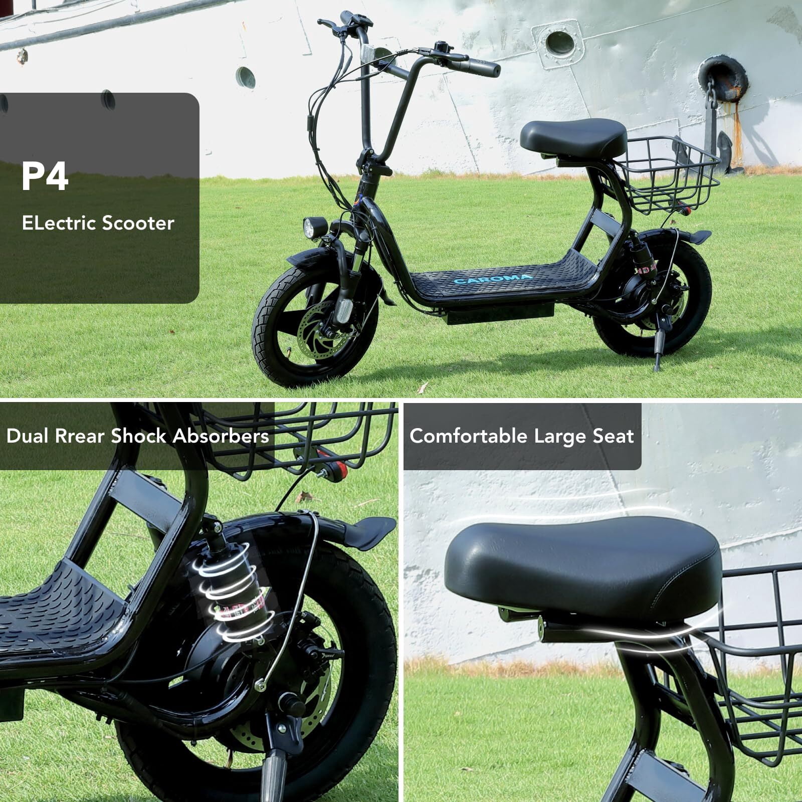 Caroma Folding 20 mph Adults Electric Scooter with Seat, Alloy Steel Black, 65 lbs