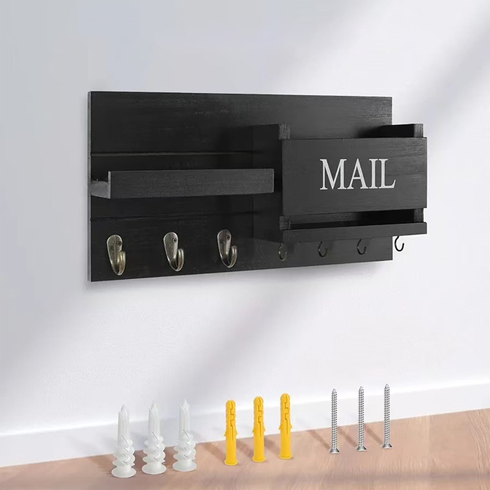 PONPRNGY Mail Organizer for Wall Mount – Key Holder with Shelf Includes Letter Holder and Hooks for Hallway Farmhouse Decor – Rustic Wood with Flush Mounting Hardware