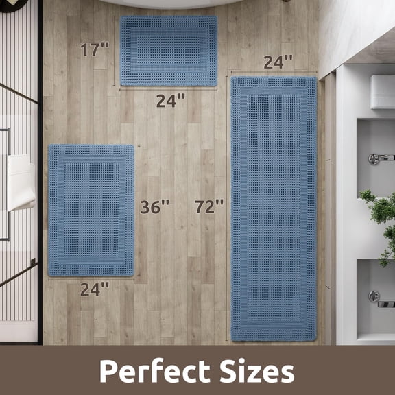 Waffle Bath-Mat, Absorbent Bath Mats for Bathroom Non Slip, Machine Washable Bathroom Rugs with Tassels Ultra Soft Boho Bath Rugs for Floor 2'x6'(24"x72") Blue