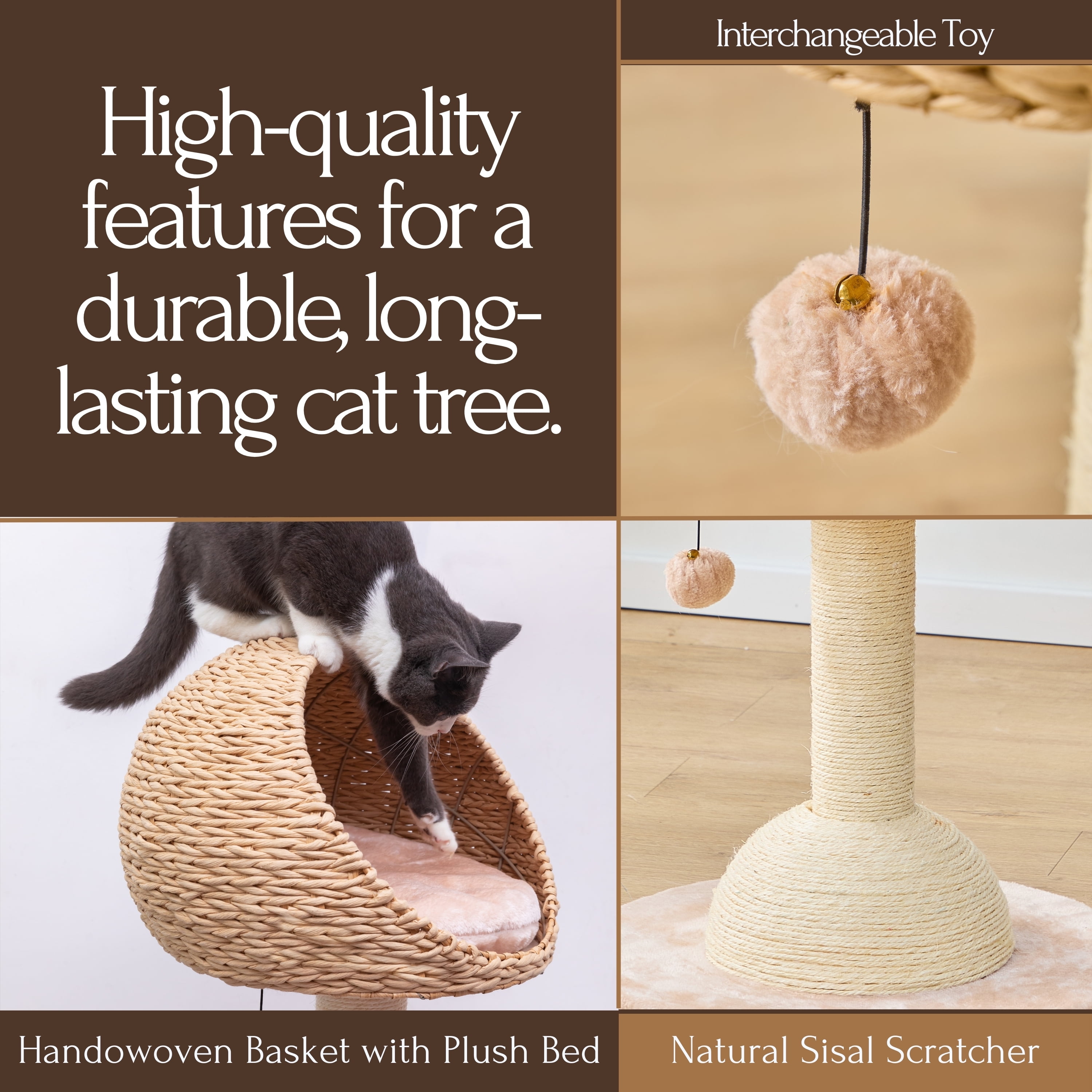 Petpals 29"High 2-Lvl Handwoven Paper Rope Hoodie Cat Basket Bed with Sisal Scratching Post, Beige