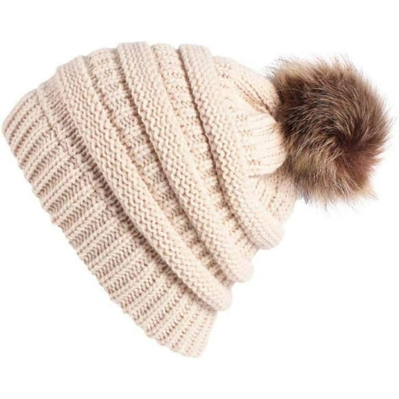 Umily Soft Stretch Cable Knit Ribbed Faux Fur Pom Pom Beanie Hat