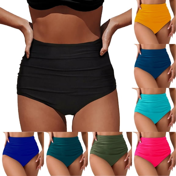 WHEANG Women High Waisted Bikini Bottoms Vintage Ruched Lightweight Swim Briefs Soft Stretch Tummy Control Retro Bathing Suit Bottoms for Beach Pool Summer Swimwear White S