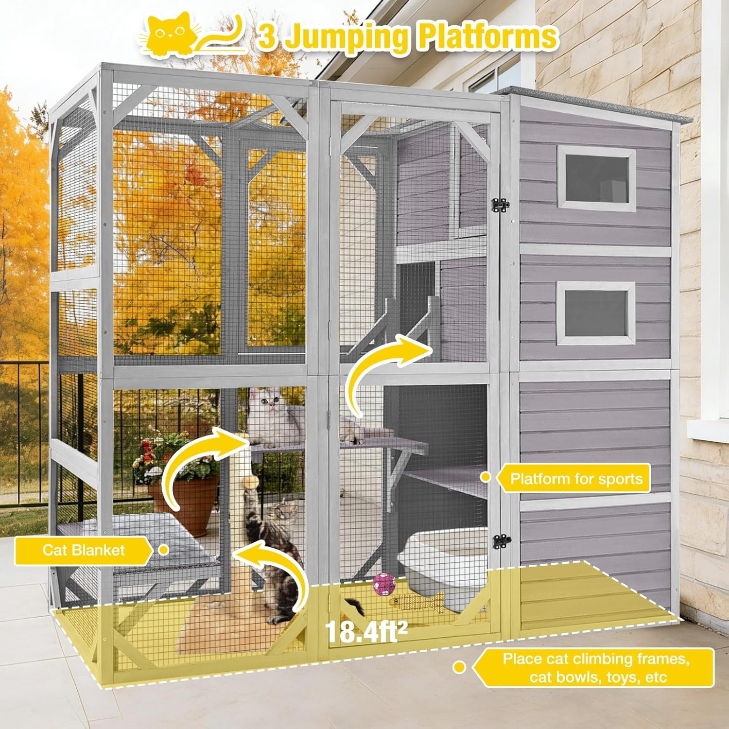 Aivituvin 70" Tall Catio Outdoor Cat Enclosure, Large Wooden Cat House with Waterproof Roof & 3-Tier Platforms, Walk-in Outside Cat Patio with Connectable Window Door for Multiple Cats (Grey)
