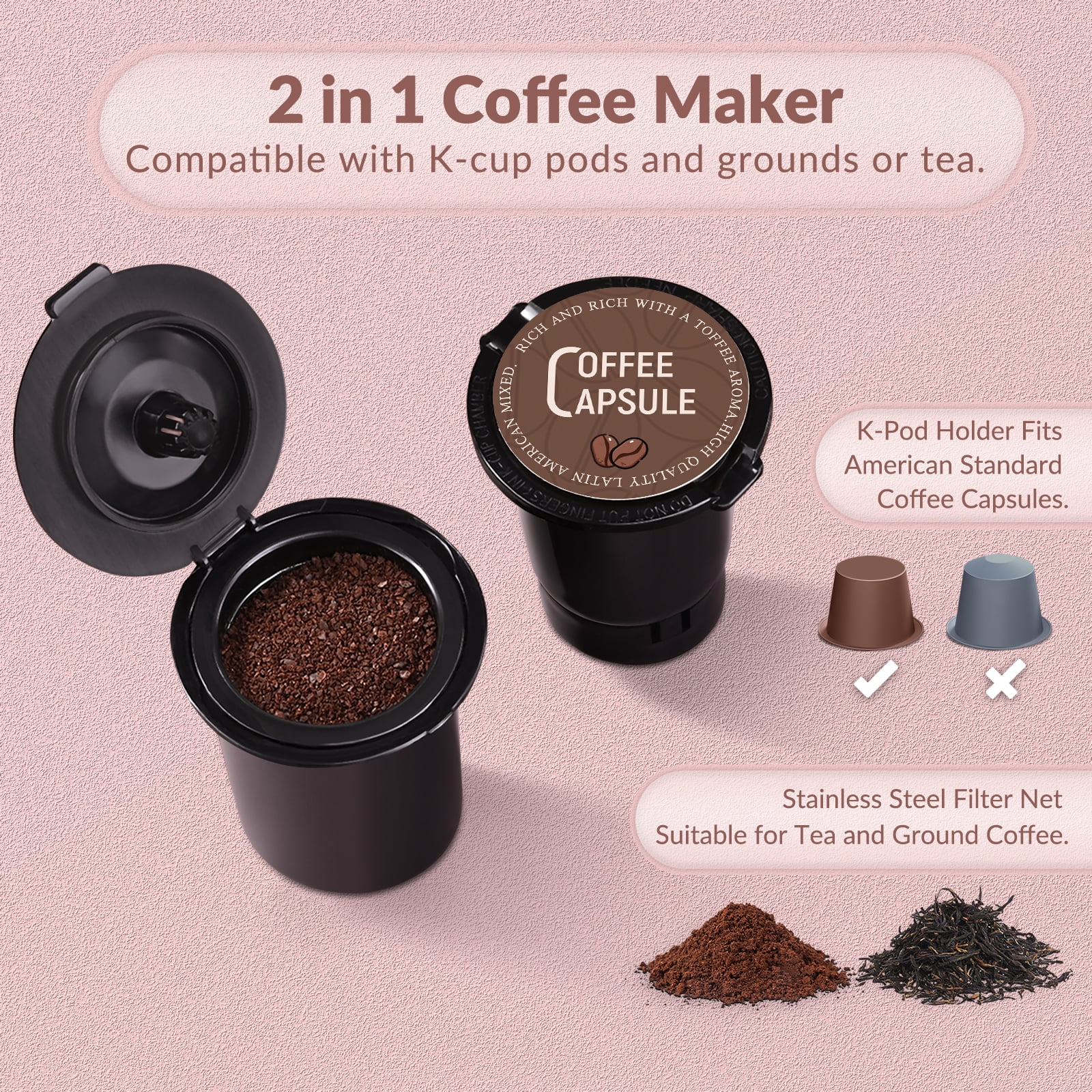 Mecity Compact Stainless Steel Single Serve Coffee & Tea Maker, 6-12 Oz Brew Sizes, Pink