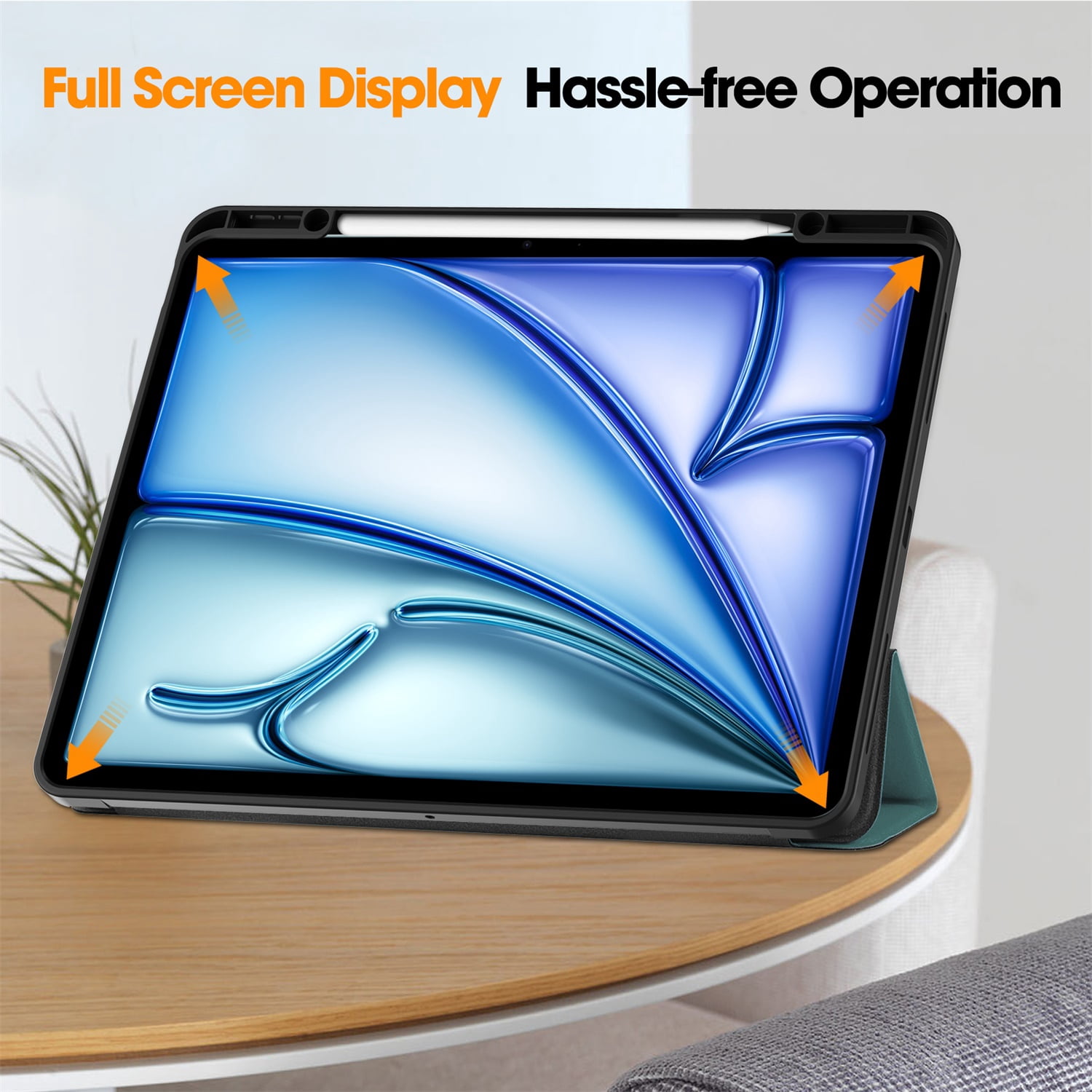 SaniMore for Apple iPad Air 13 (2024) Case, Auto Sleep/Wake, PU Leather Case with Tri-Fold Kickstand & Pencil Holder Shockproof Protective Cover for Women Men, Darkgreen