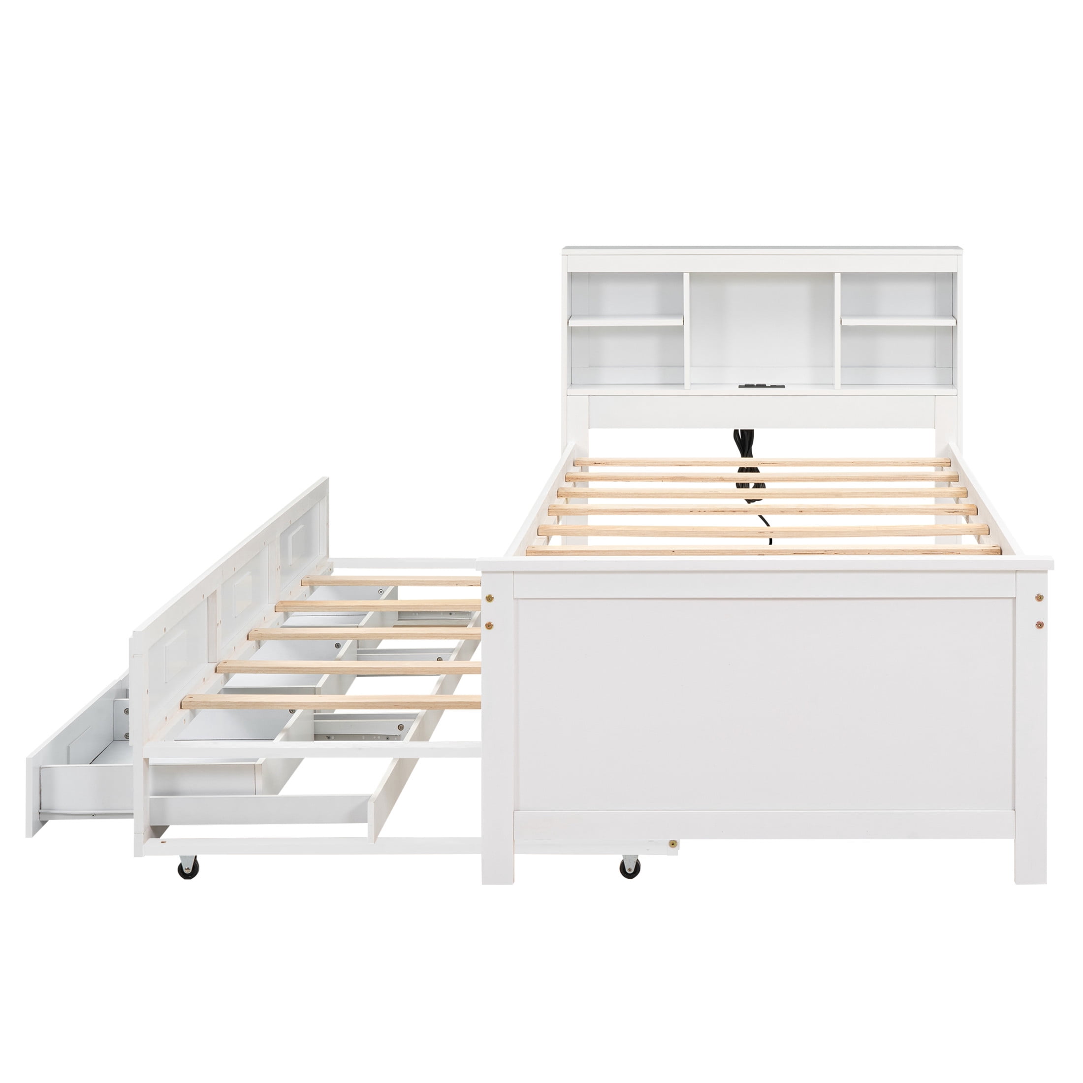 Noble House Nerissa Twin Platform Bed with Bookcase Headboard, USB Ports, Extra Trundle and Storage Drawers, White