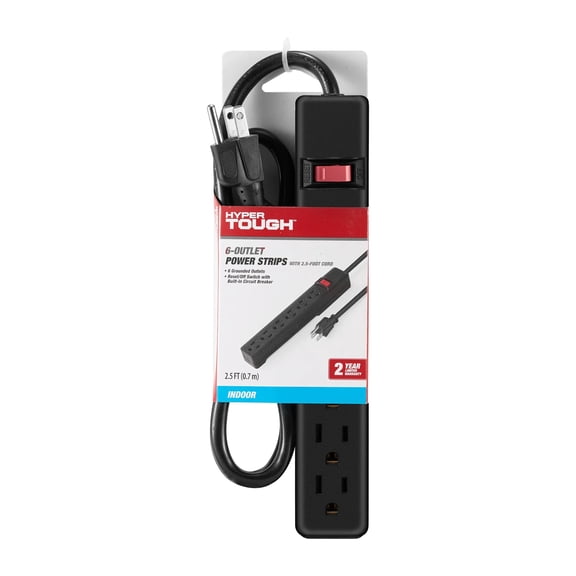 Hyper Tough 6-Outlet Indoor Power Strip, 2.5 ft Extension Cord, UL/ETL Certified, Black