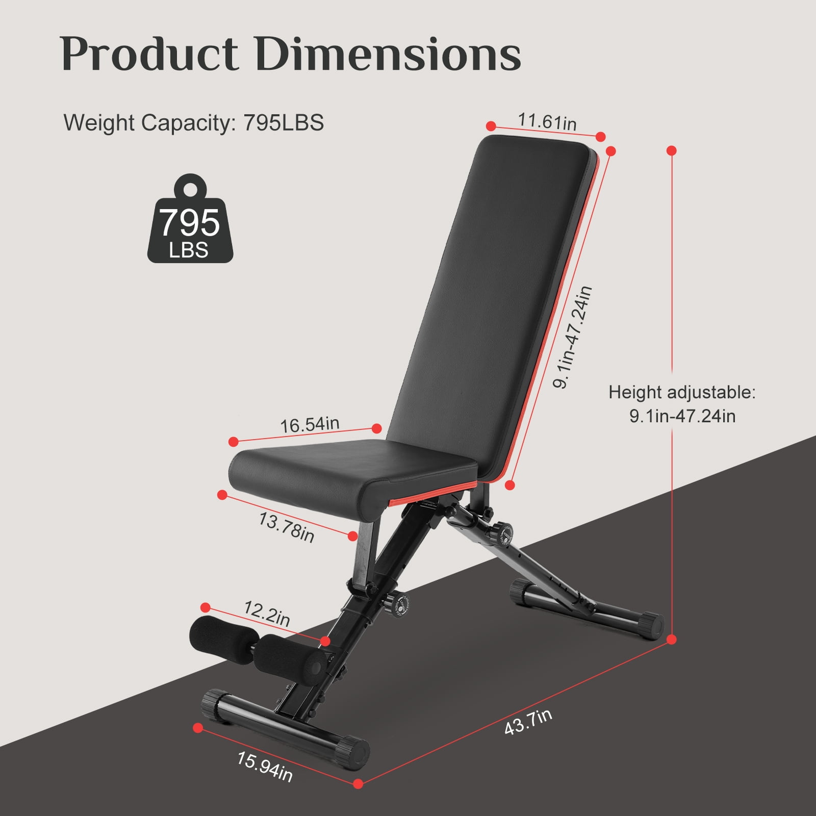 Gianna Foldable Weight Bench with 9 Adjustable Positions: Ideal for Home Gym Strength Training, Holds 795lbs! (Black)
