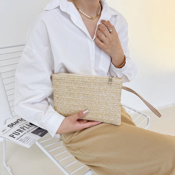 Bolso de mano retro tejido bohemio para mujer, Bolso de mano para playa y verano (beige)