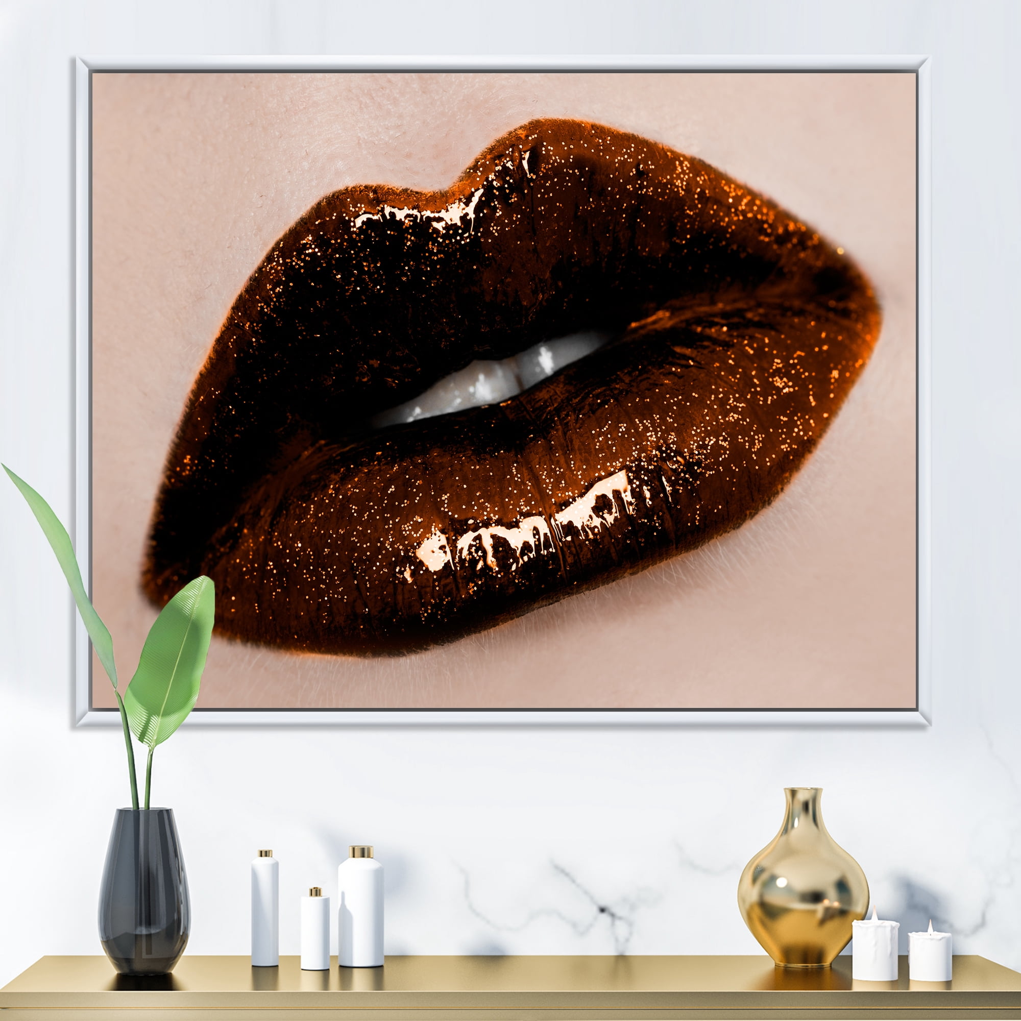 Close-Up Of Gorgeous Female Lips II 20 in x 12 in Framed Painting Canvas Art Print, by Designart