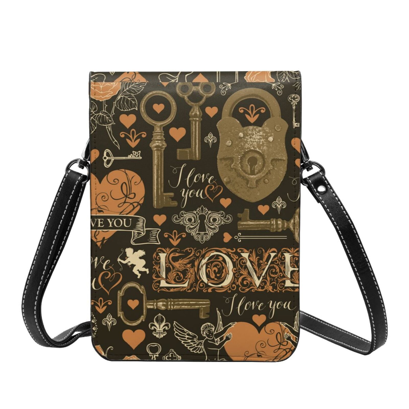 Love Hearts Old Keys Vintage Cell Phone Purse Small Crossbody Bag with Strap Credit Card Slots Leather Shoulder Wallet for Women