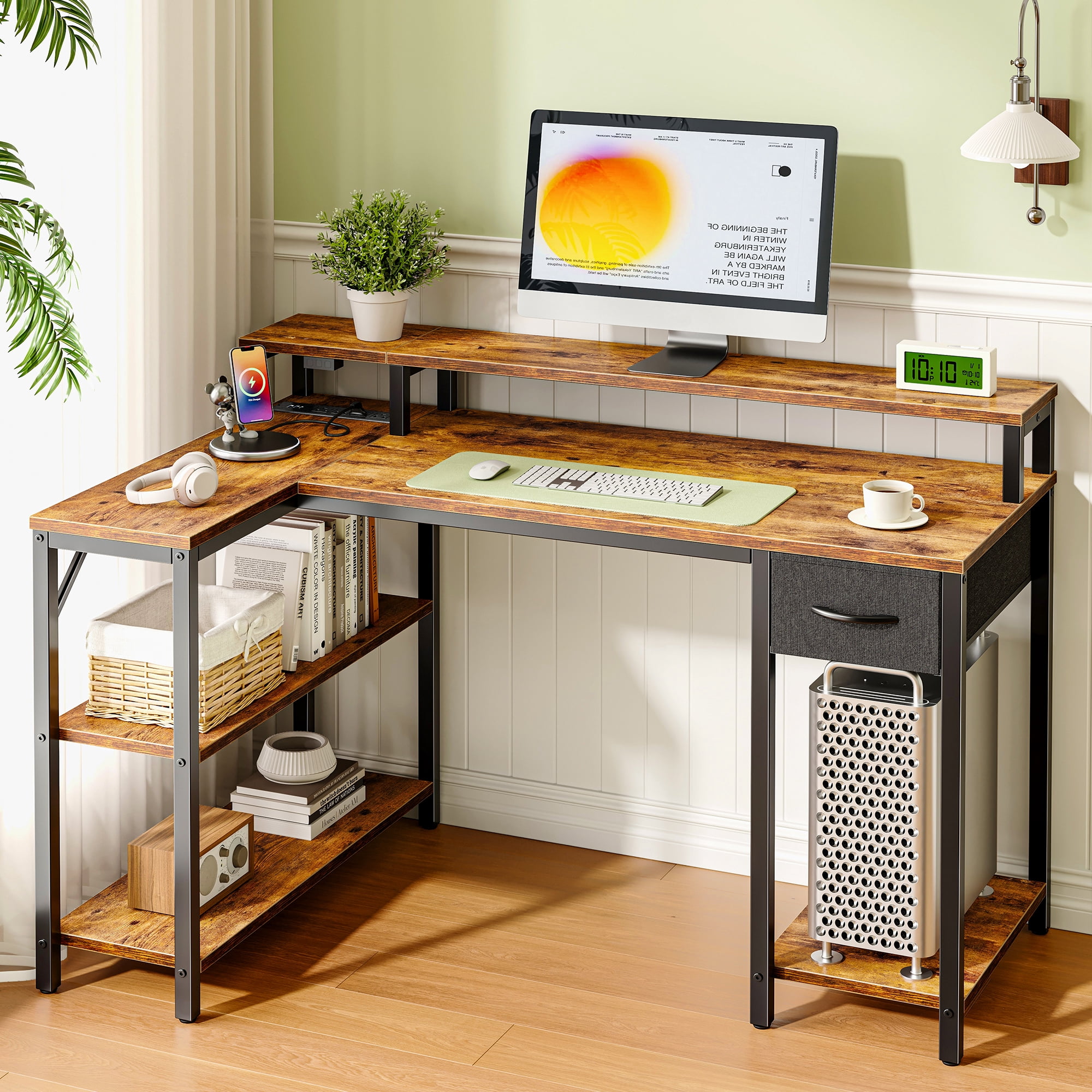 Amadwell 47 Inch L Shaped Desk with LED Strip, Corner Gaming Desk with Power Outlet, Drawer & Shelves