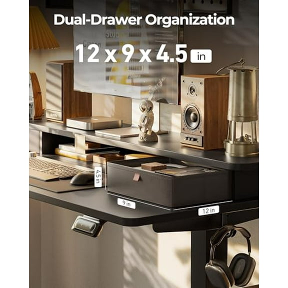 FEZIBO 55'' x 24'' Height Adjustable Electric Standing Desk with Double Drawer, Height Adjustable Computer Desk, Home Office Stand Up Table with 4 Height-Adjustable Feets & 2 Hooks