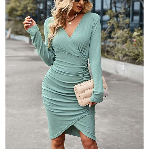 Vestido Corto Ajustado Vestido Cuello V Manga Larga Vestido Ajustado De  Manga Larga, Vestido Cruzado Con Cuello En V Para Mujer, Vestido Corto