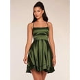 thumbnail image 3 of Green Satin Mini Dress With Spaghetti Straps And Tiered Flared Hem, 3 of 5
