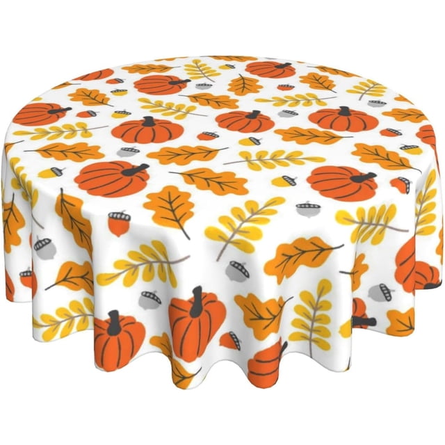 Nappe Ronde d'Automne 70 Pouces Orange Brûlé Feuilles de Citrouille Nappe Feuilles d'Automne Récolte Action de Grâce Couvre-Table Polyester Nappes Intérieures Extérieures pour Cuisine Salle à Manger Fête