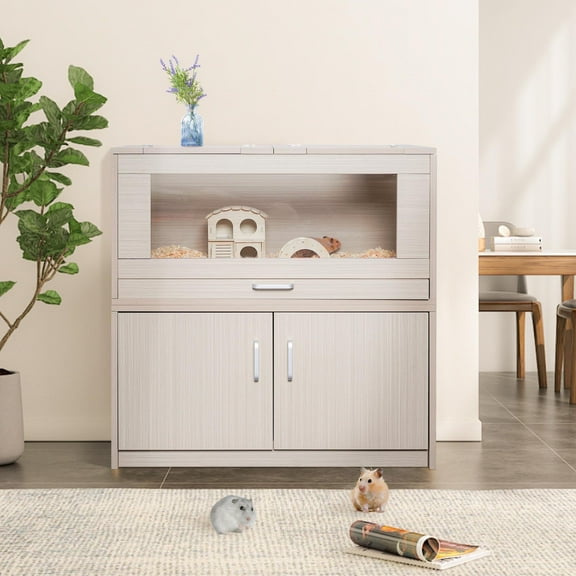 Segmart Furniture-Style Hamster Cage, Deluxe Wooden Storage Cabinet Small Animal Cage for Large Size Rat Gerbil Guinea Pig Hamster, Openable Top, Front Door, Storage Shelf, Beige