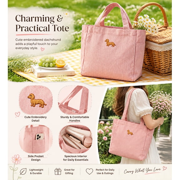 syligr Women's Canvas Tote Bag, Pink Dachshund Dog Embroidered Shoulder Handbag, Casual Everyday Purse for Work School Dating Shopping, Unique Gift for Dog Lovers