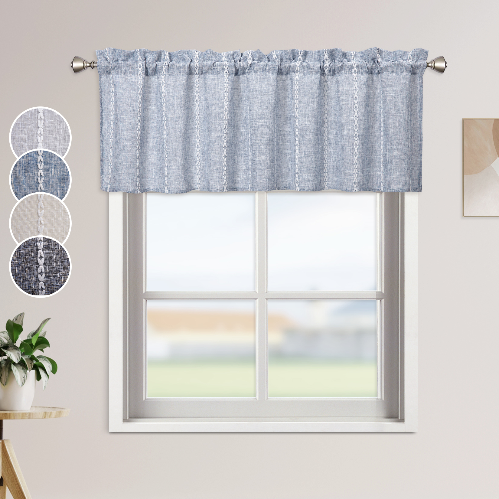 CAROMIO Blue Short Sheer Valance for Bathroom Farmhouse Linen Valance for Living Room, 52" W x