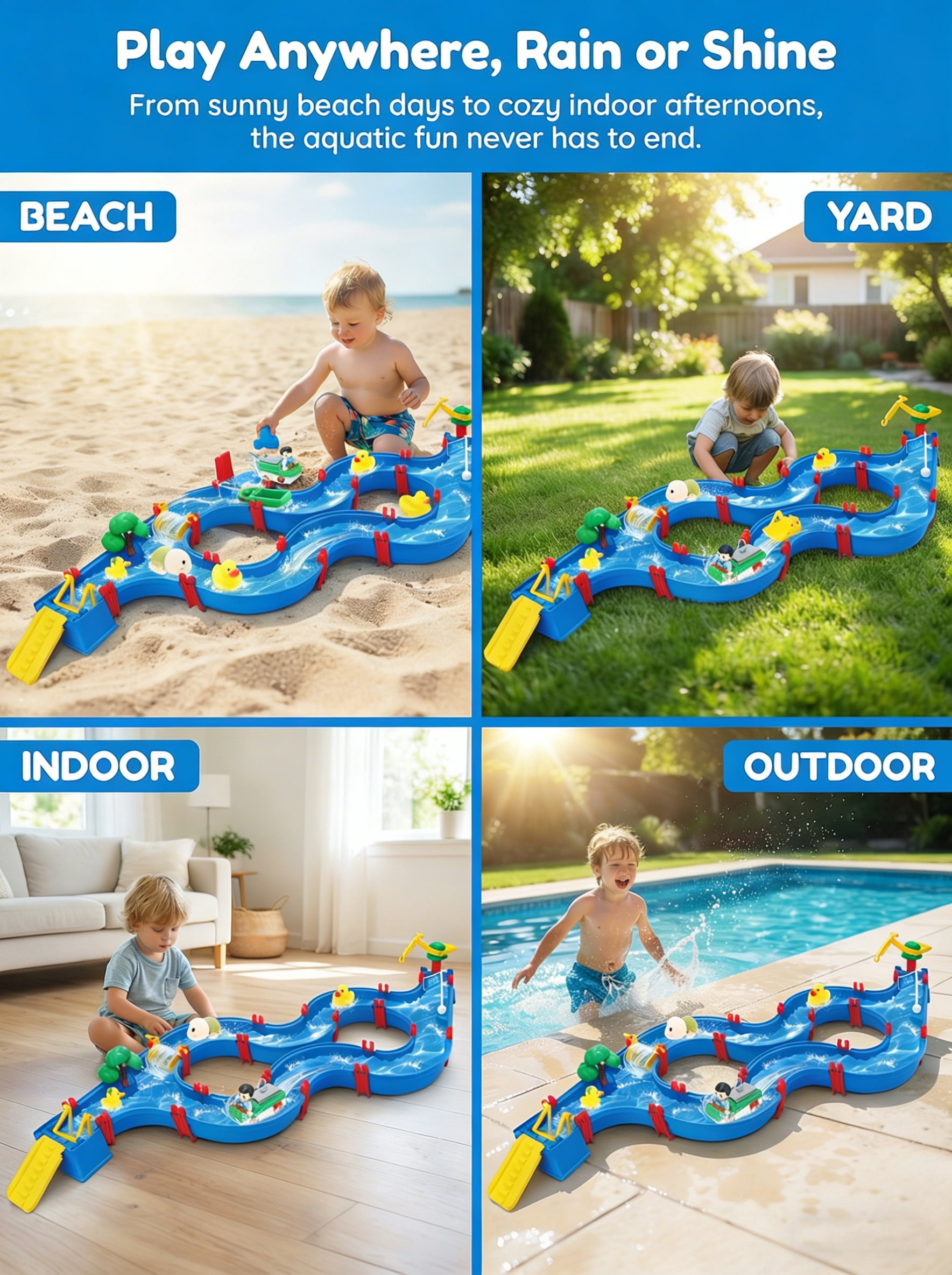 WIDELAND Water Table for Kids, 62PCS Construction Set with Blue Tracks, Floating Boats & Figures, Build Your Own Aqua Coaster Ages 3+, Summer Water Fun Gift