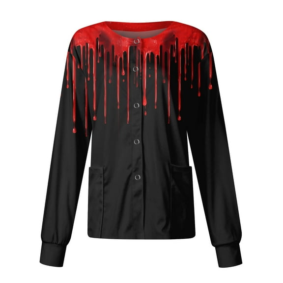 Homozy Womens Scrub Jackets Thanksgiving Halloween Long Sleeve Plus Size Print Scrub Jackets with Pockets Snap Front Thanksgiving Fall Scrub Working Uniform Black 3XL