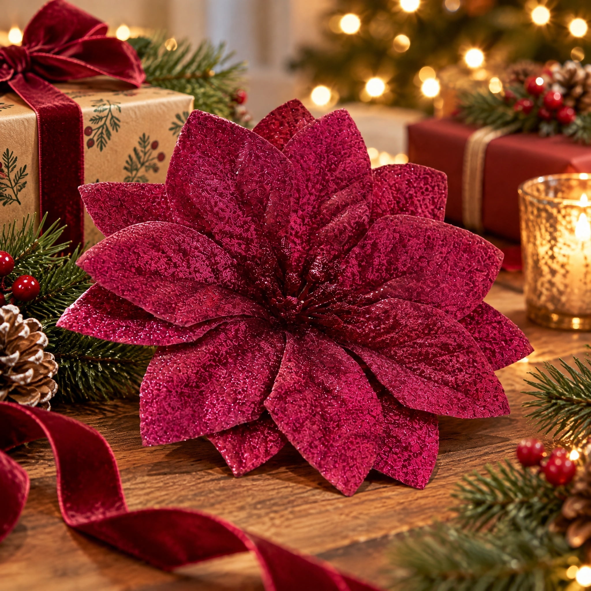 Hot Pink Poinsettia Christmas Clip Ornament, 3.8", by Holiday Time