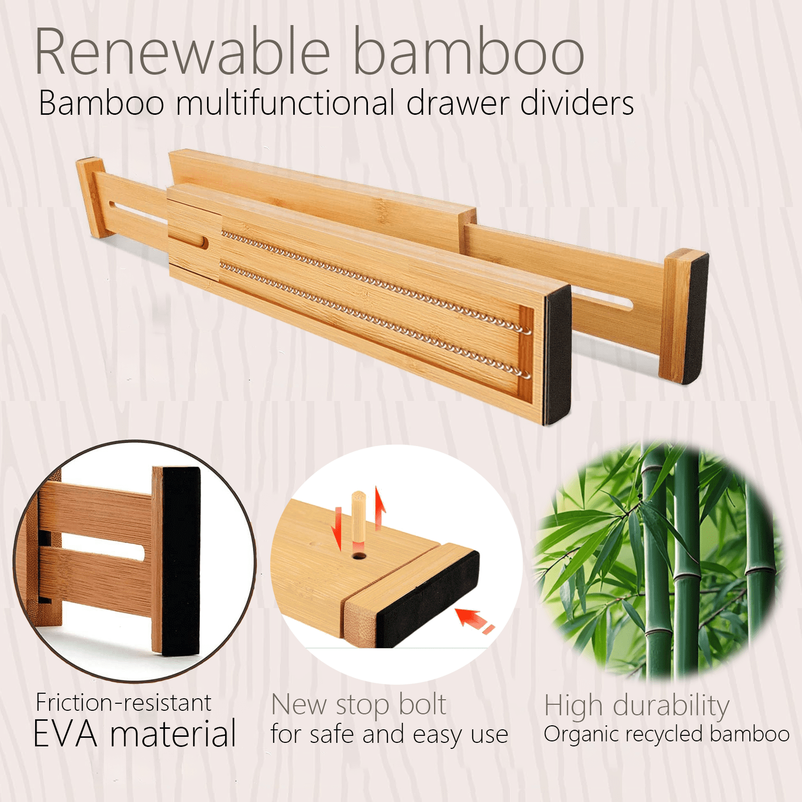 FAKYFJ Bamboo Drawer Dividers, Adjustable Drawer Divider for Clothes, Kitchen, Dresser, Bedroom, Bathroom and Office, 6-Pack (Natural, 12-17 IN)