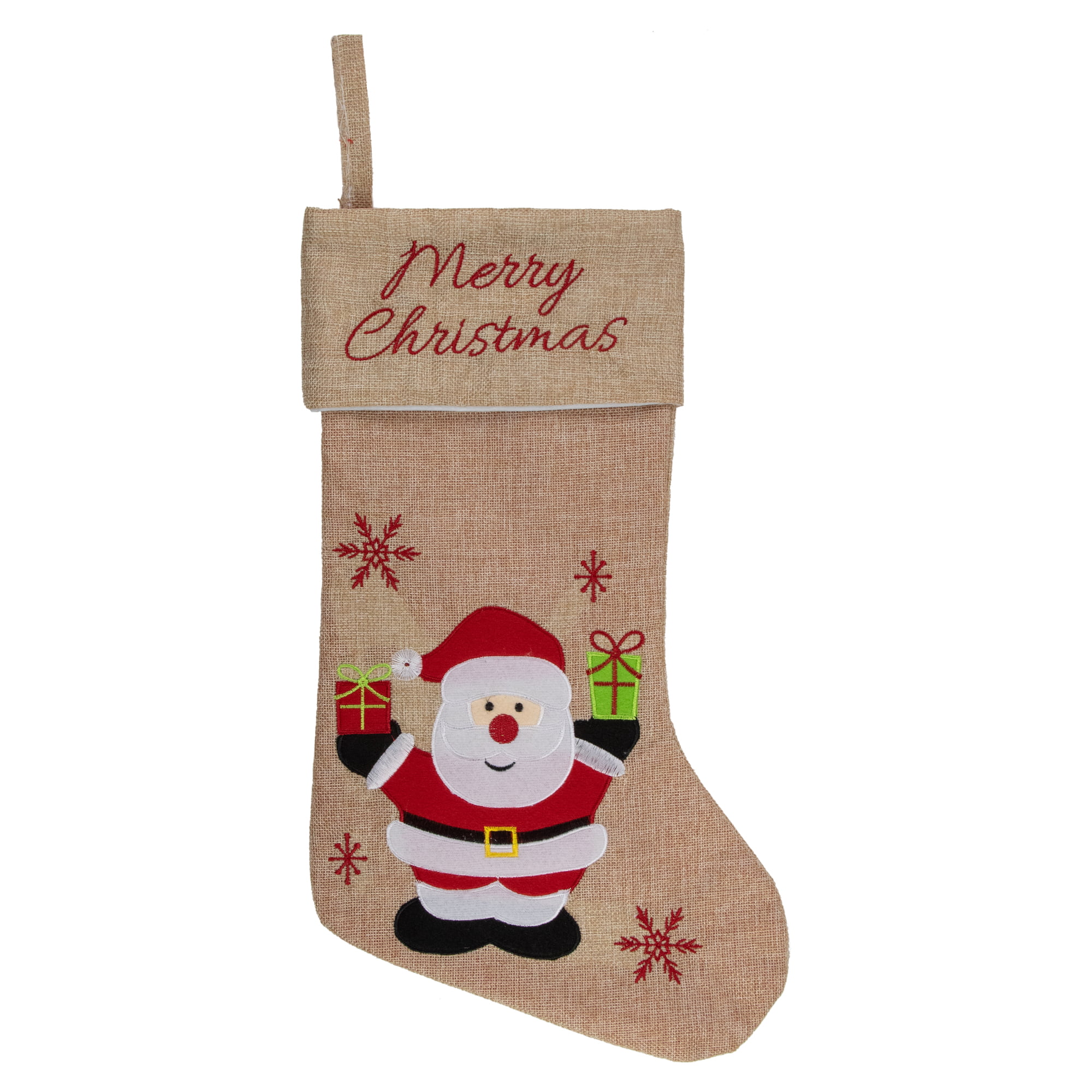 Personalised Embroidered Christmas stocking Santa Gift sack Hessian Jute Red Tan 