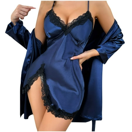 50% off Clear! HAPIMO Robe Lingerie Dress for Women Valentine s Day Gift Lace Pajamas Leopard Underwear Sleepwear Nightwear Satin Silk Cardigan Nightdress Bathrobe Ladies Robes Blue S