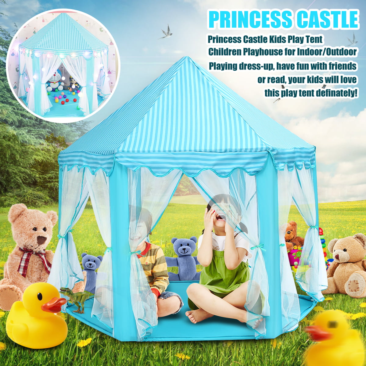 Blue Tent Princess House Castle Girls Playhouse Kids In/Outdoor Fairy Play Tent 