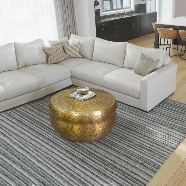 32 Inch Artisanal Round Drum Coffee Table Hammered Embossed Texturing Aluminum Antique Brass Saltoro Sherpi