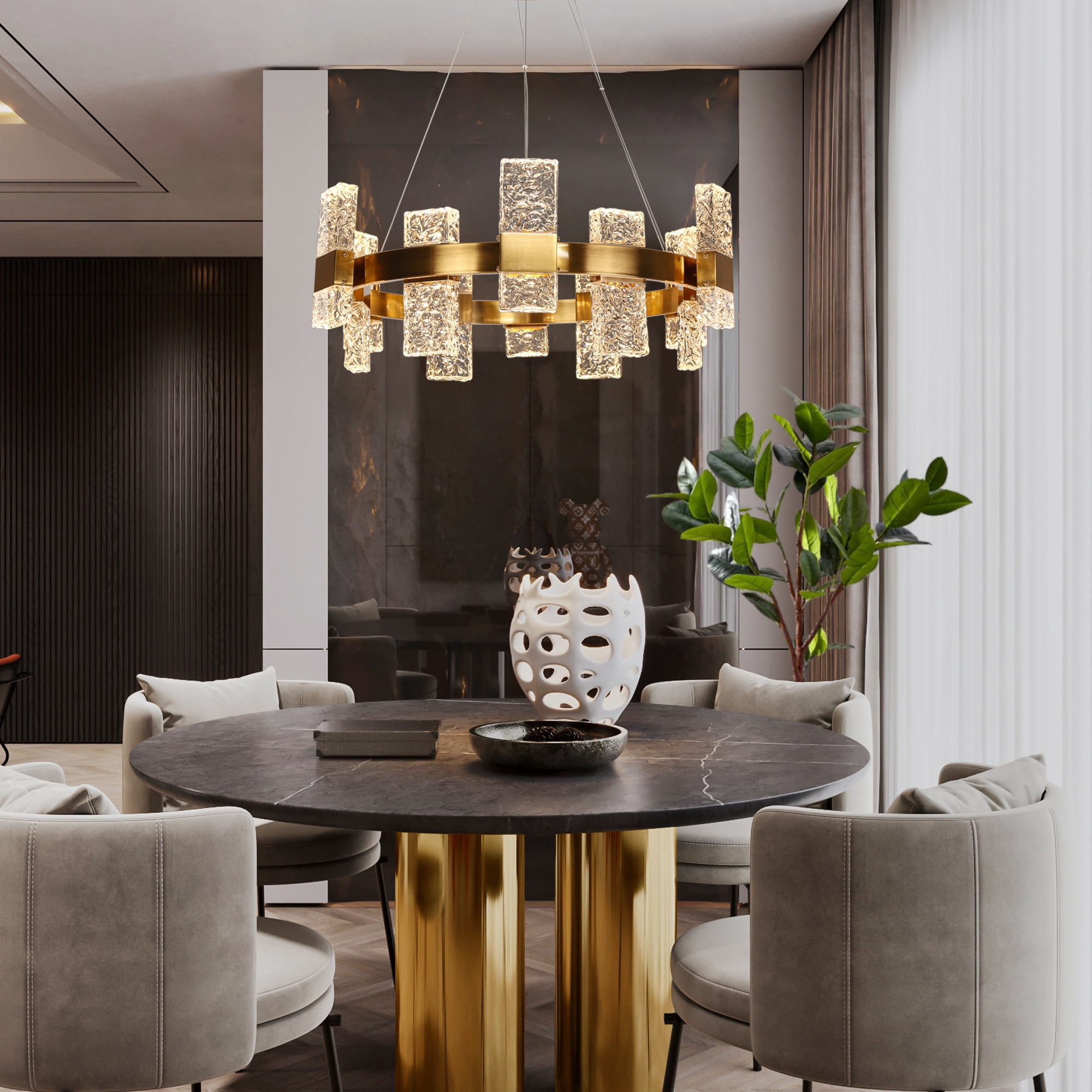 LNC Euromos 24 -Light Polished Brass Glam Integrated LED Crystal For Use in Bedrooms, Dining Rooms, Foyers, Kitchens, Living Rooms Chandelier
