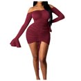 thumbnail image 2 of mtvxesu Dresses, Women Long Sleeve Off Shoulder Color Drawstring Sleeve Dress Homecoming Dresses, 2 of 8